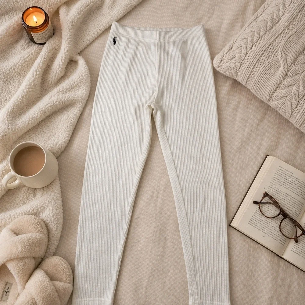Polo Ralph Lauren Girls Ribbed Knit Leggings Cream White Size L 12-14 Pony Logo